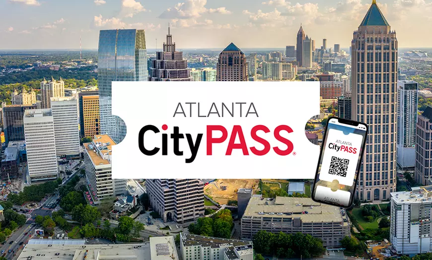 Atlanta City Pass, a phone with qr code on it to scan with the city as the background.
